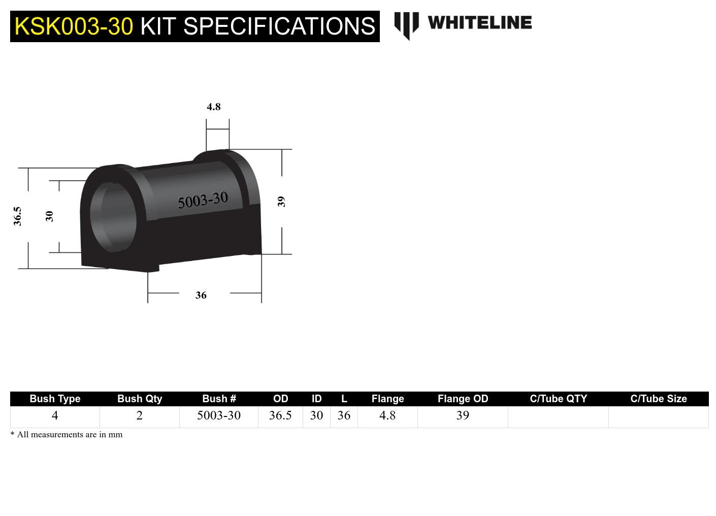 Font Sway Bar Mount - Bushing Kit 30mm To Suit Whiteline Sway Bars