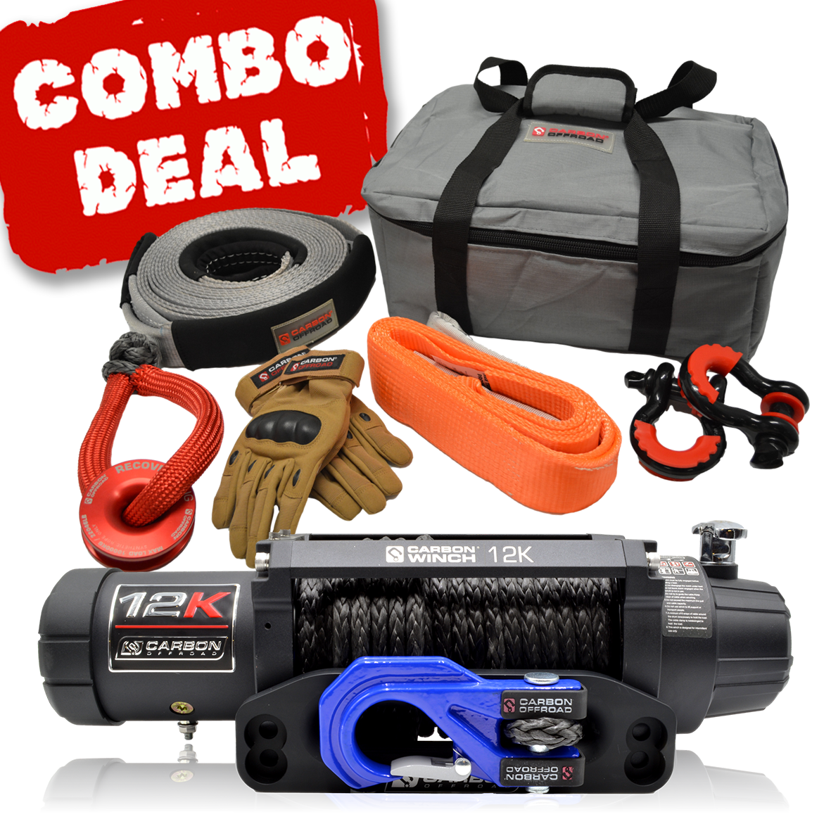 Carbon V.3 12000lb Winch Blue Hook and Recovery Combo Deal